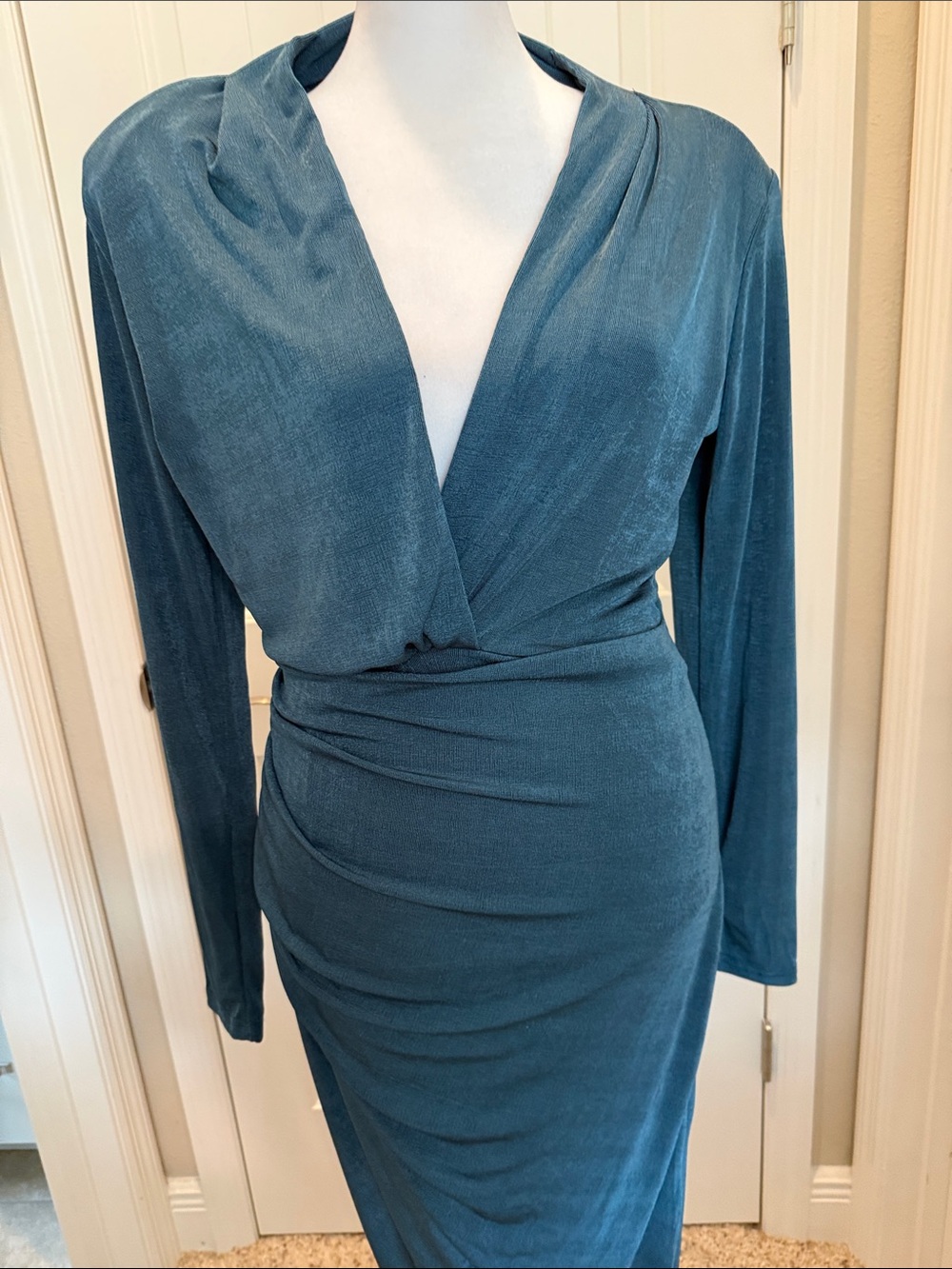 Teal Long-Sleeve Surplice Wrap Dress